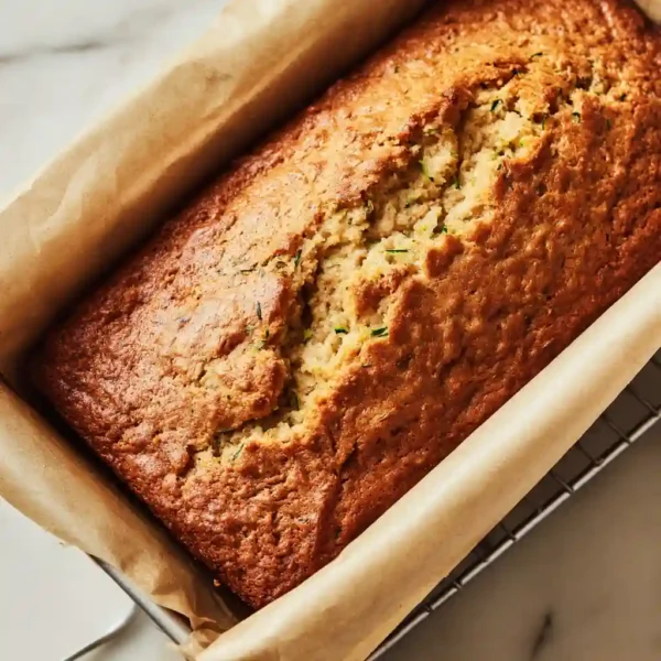 Ina Garten zucchini bread just baked in loaf pan with golden crust