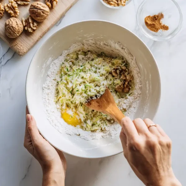 Ina Garten zucchini bread ingredients being mixed in ceramic bowl