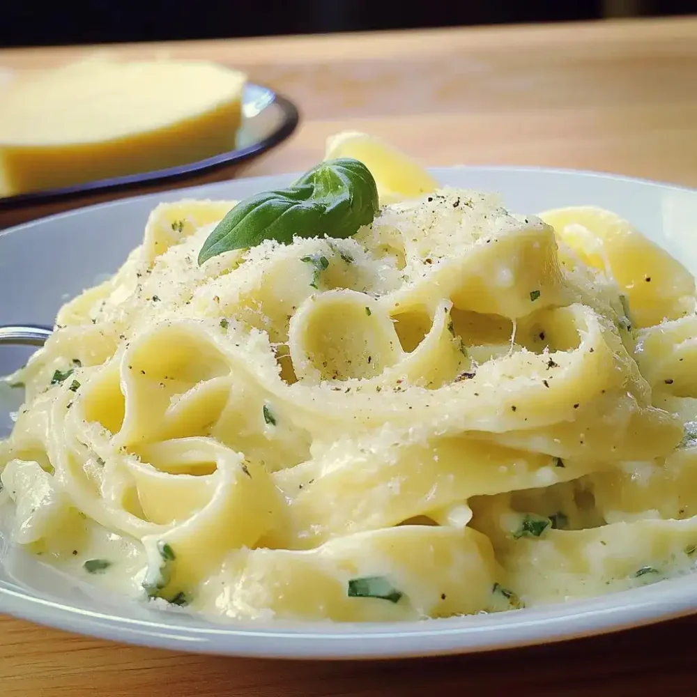 low calorie pasta alfredo served in a white bowl, close-up