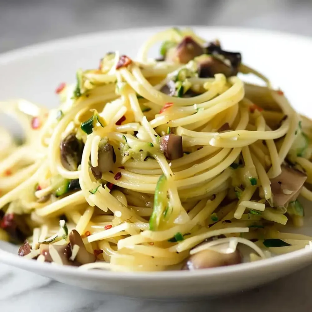 Pasta with Zucchini and Mushrooms – Your 20-Minute Weeknight Saver Pasta with zucchini and mushrooms served in a white ceramic bowl