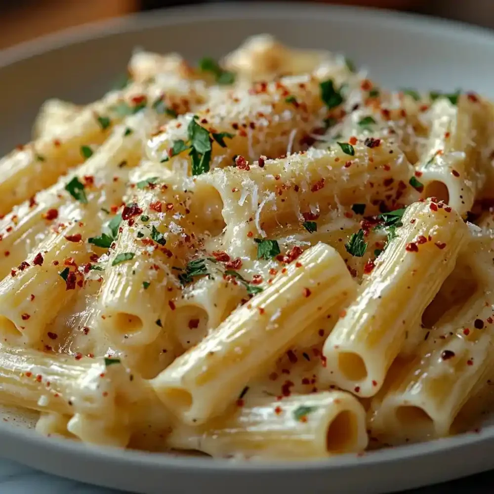 Penne pasta and alfredo sauce served creamy on a white plate with parmesan and parsley