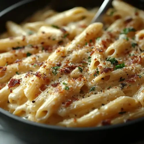 Penne Pasta and Alfredo Sauce: Creamy Perfection in Just 25 Minutes Penne pasta and alfredo sauce stirred together in a creamy skillet sauce, ready to serve