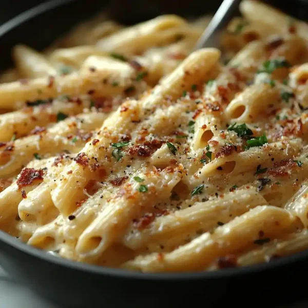 Penne pasta and alfredo sauce stirred together in a creamy skillet sauce, ready to serve