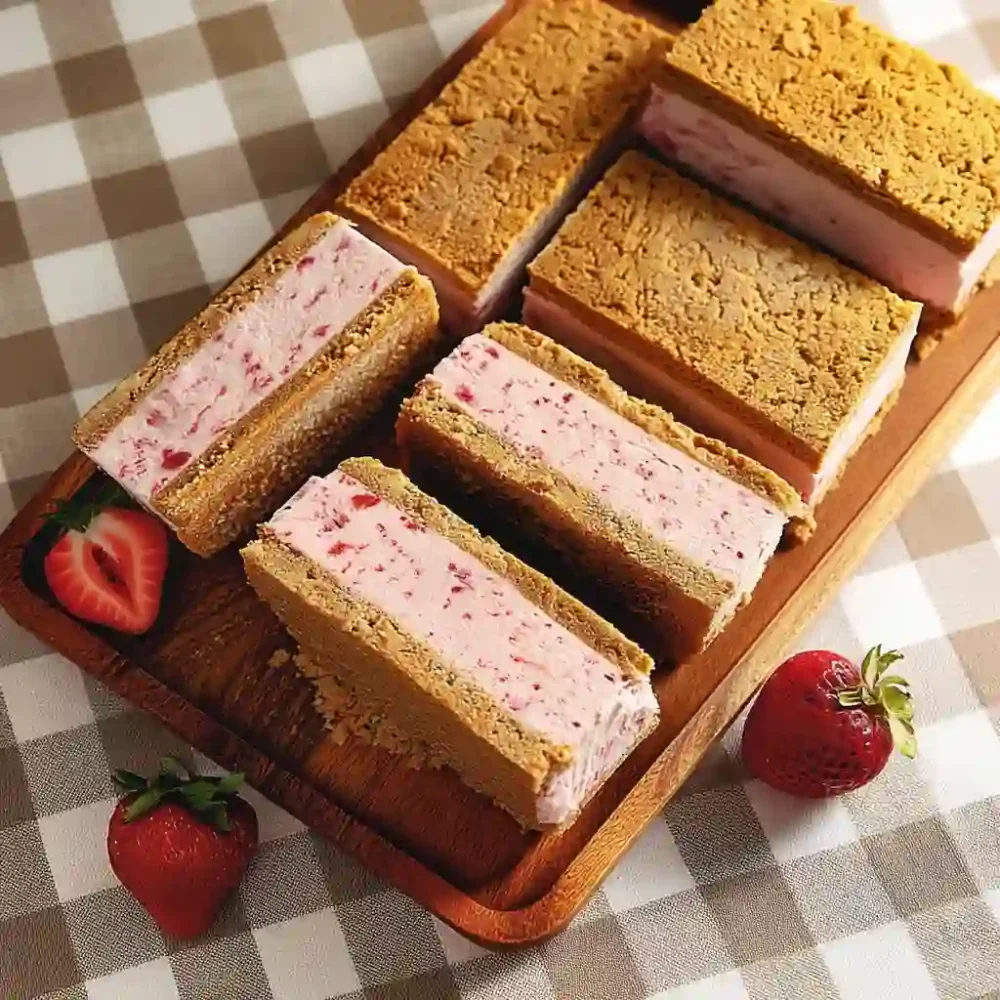 Strawberry ice cream sandwiches neatly arranged