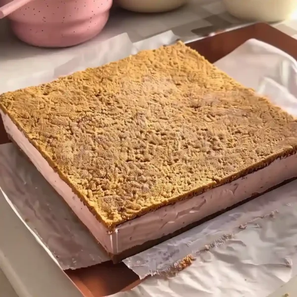 Strawberry ice cream slab layered with graham cracker crust on parchment paper, before cutting into sandwiches