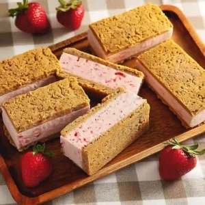 Strawberry Ice Cream Sandwiches: Your New Favorite Summer Treat Golden crumb strawberry ice cream sandwiches served on a wooden tray with fresh berries