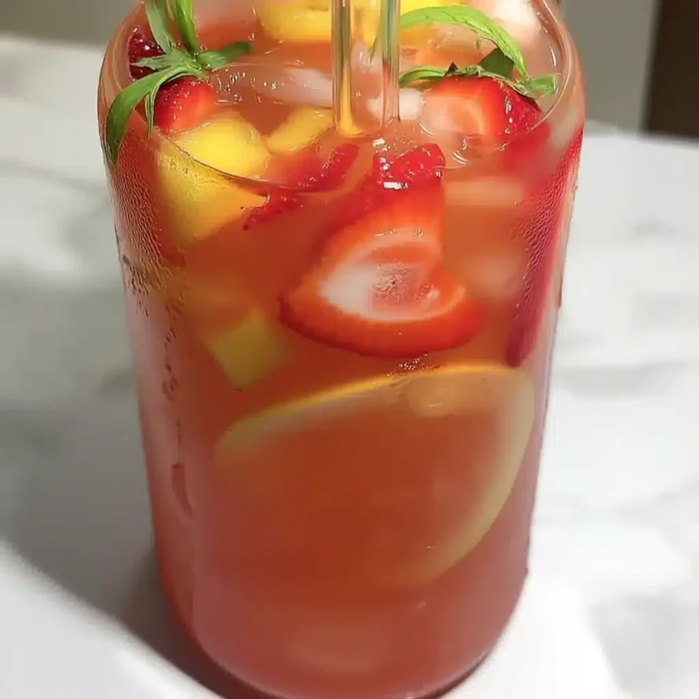 strawberry mango lemonade being stirred in a glass pitcher