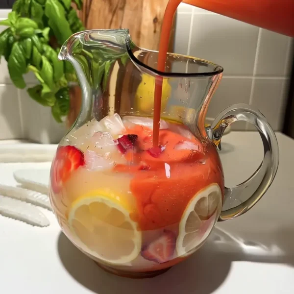 strawberry mango lemonade being poured into a pitcher over lemon slices, strawberries, and ice