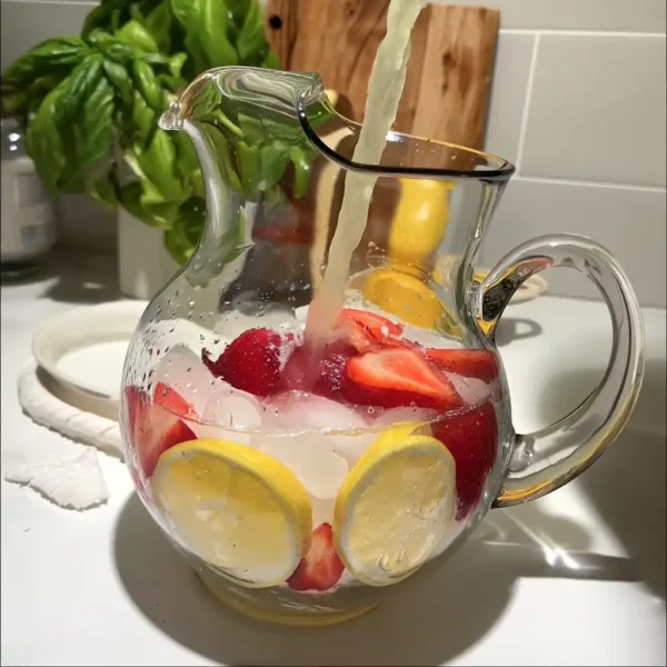 strawberry mango lemonade being poured into a glass pitcher with fresh strawberries, lemon slices and ice