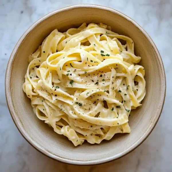 fettuccine in light alfredo sauce served in a ceramic bowl on marble, made without heavy cream