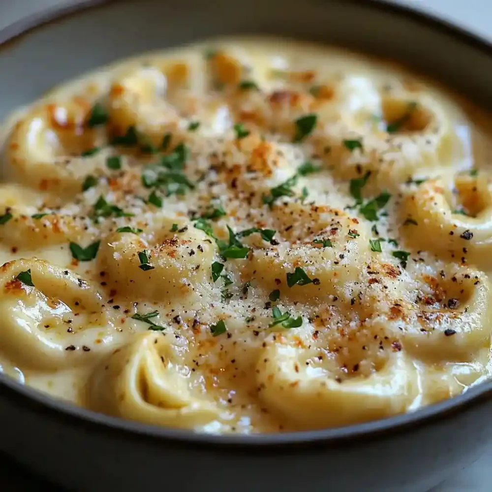 Tortellini sauce Alfredo served in a white bowl, creamy and topped with fresh parsley