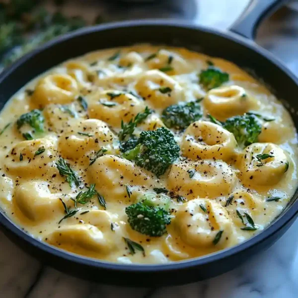 Tortellini sauce Alfredo in skillet with broccoli, creamy and steaming, stirred just before serving