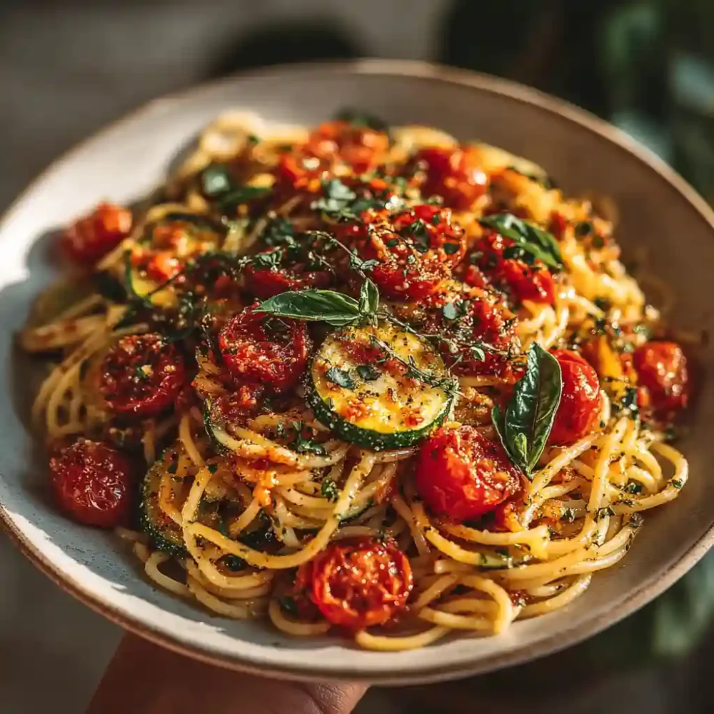 Zucchini and Tomato Pasta Recipe Everyone Can Master in Minutes Zucchini and Tomato Pasta Recipe served on a white plate with fresh basil