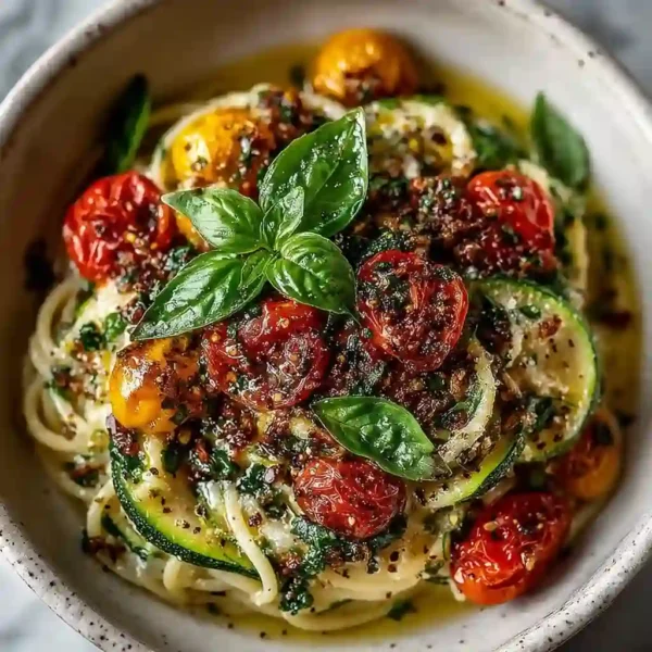 zucchini with tomato pasta tossed with basil and olive oil in a white bowl