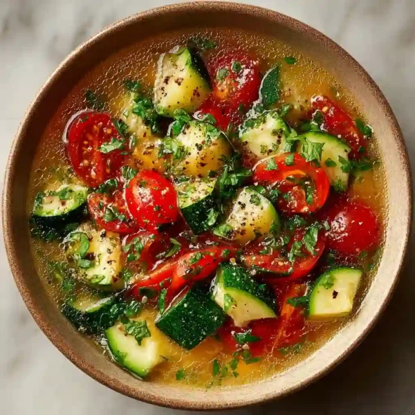 zucchini with tomato broth served in a ceramic bowl with fresh herbs
