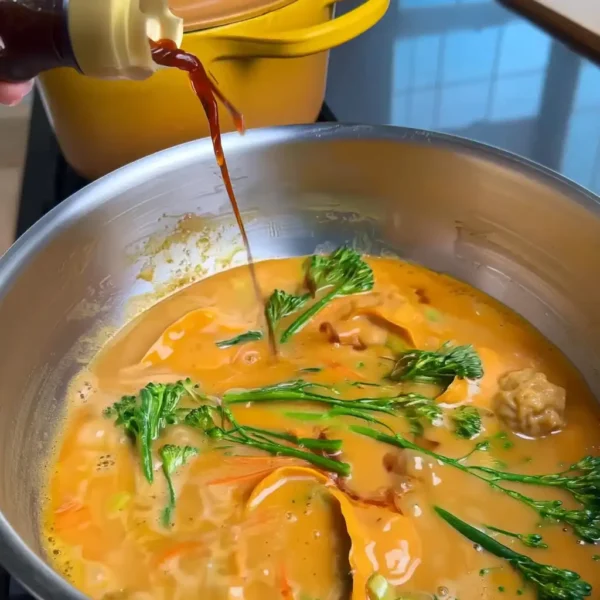 Gyoza coconut mango curry ingredients being combined in saucepan
