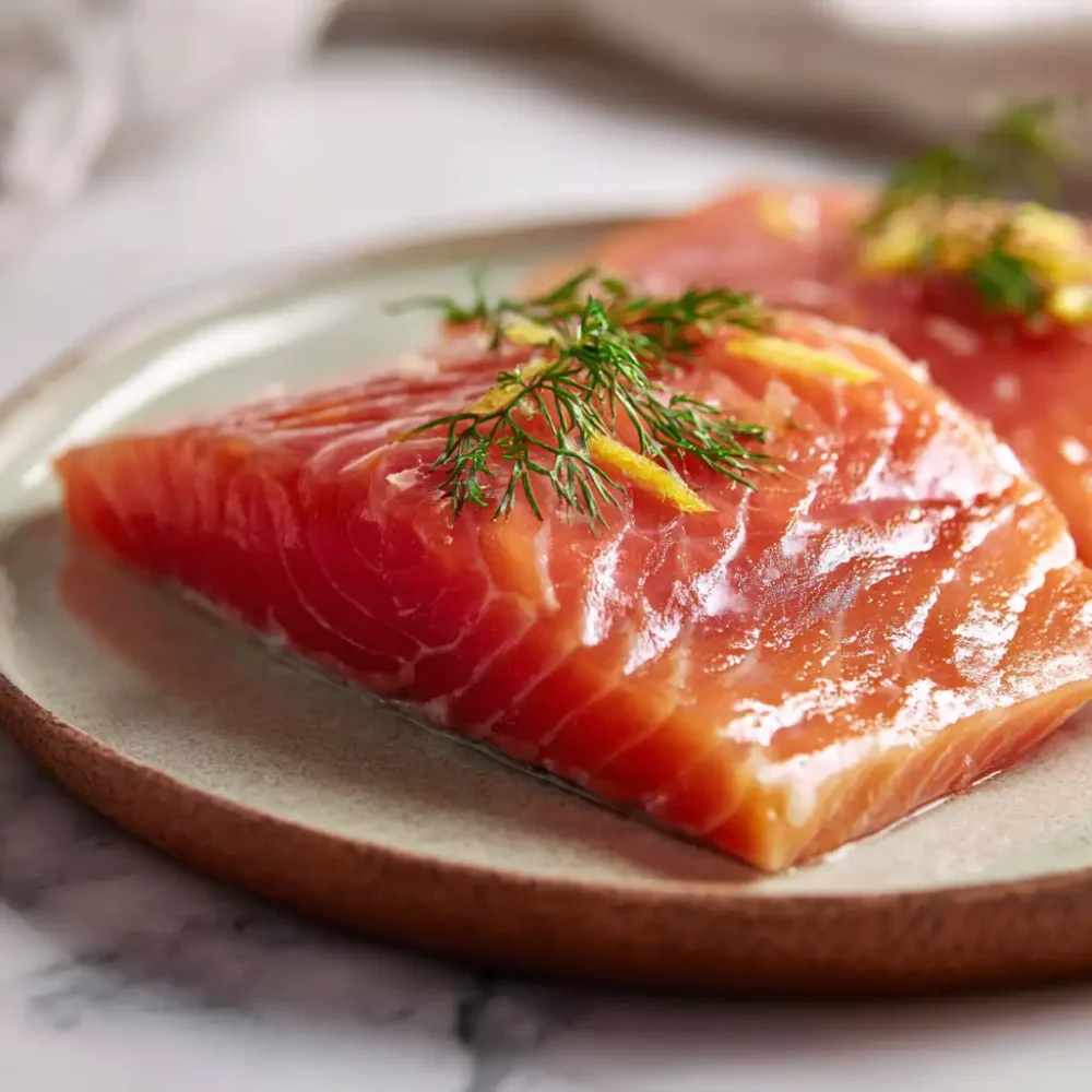 Cold smoked trout with glossy surface on a ceramic plate