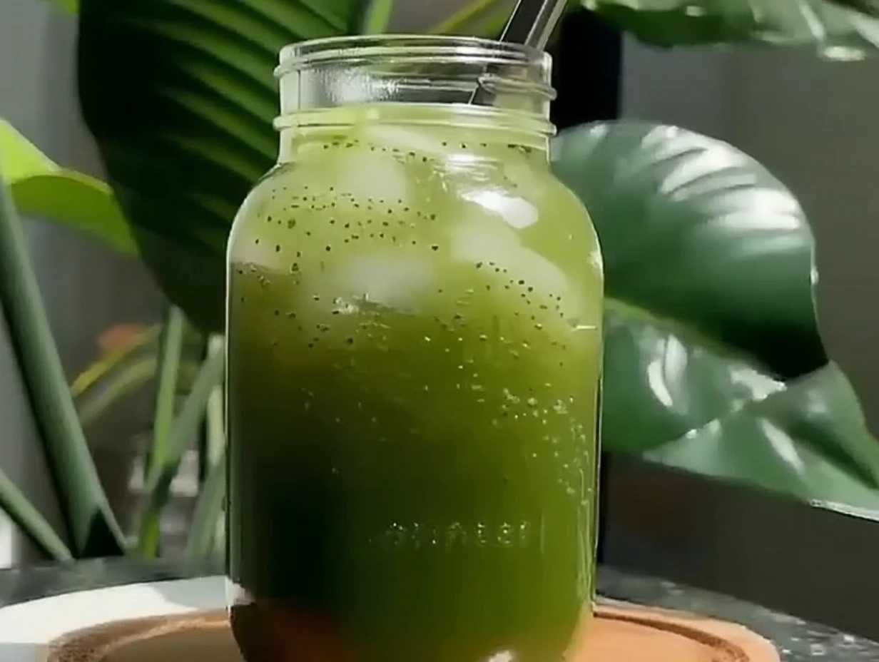 Matcha Chia Seed Lemonade: The Ultimate Summer Gut-Friendly Drink Matcha chia seed lemonade in tall glass over ice on marble countertop