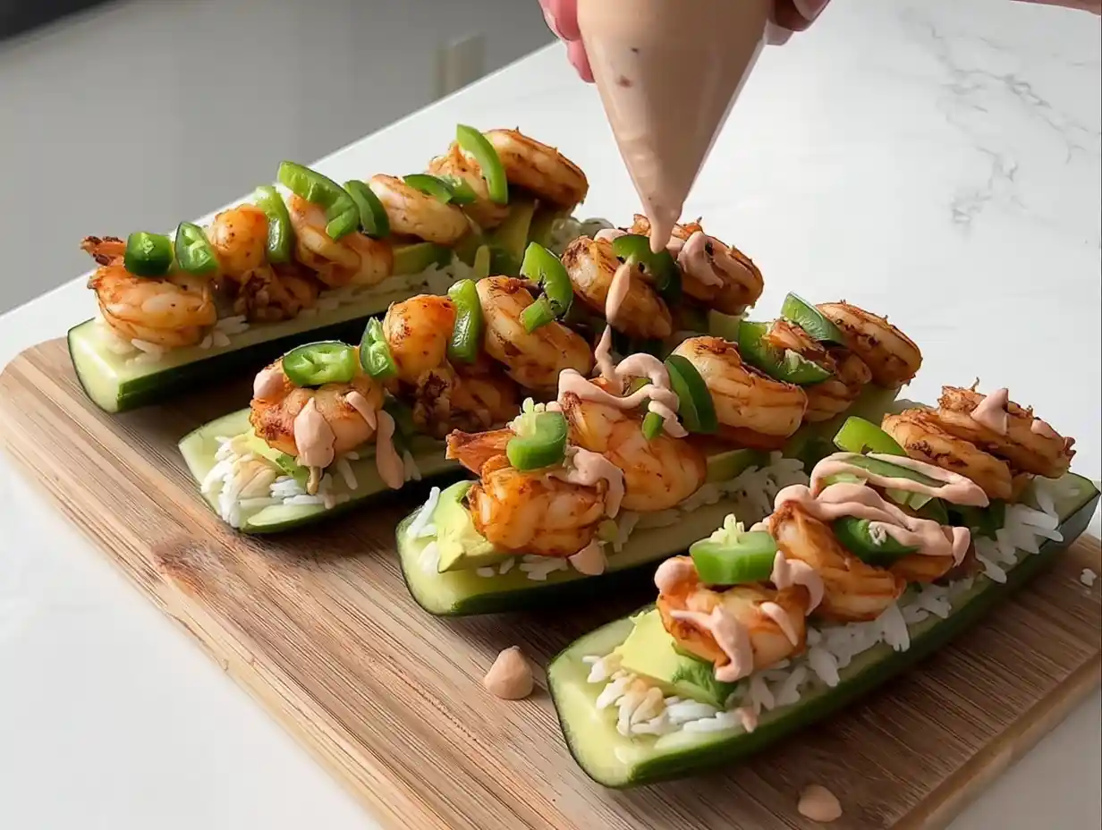 The Ultimate Healthy Snack: Zesty Shrimp Cucumber Boats Shrimp cucumber boats topped with jalapeños and a creamy yogurt sriracha drizzle