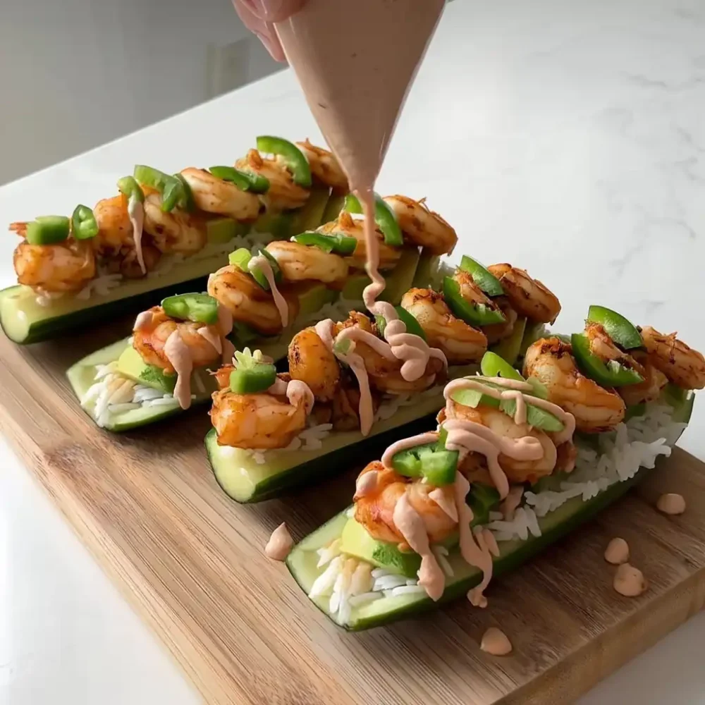 Shrimp cucumber boats topped with creamy yogurt sauce and fresh jalapeños on a wooden board
