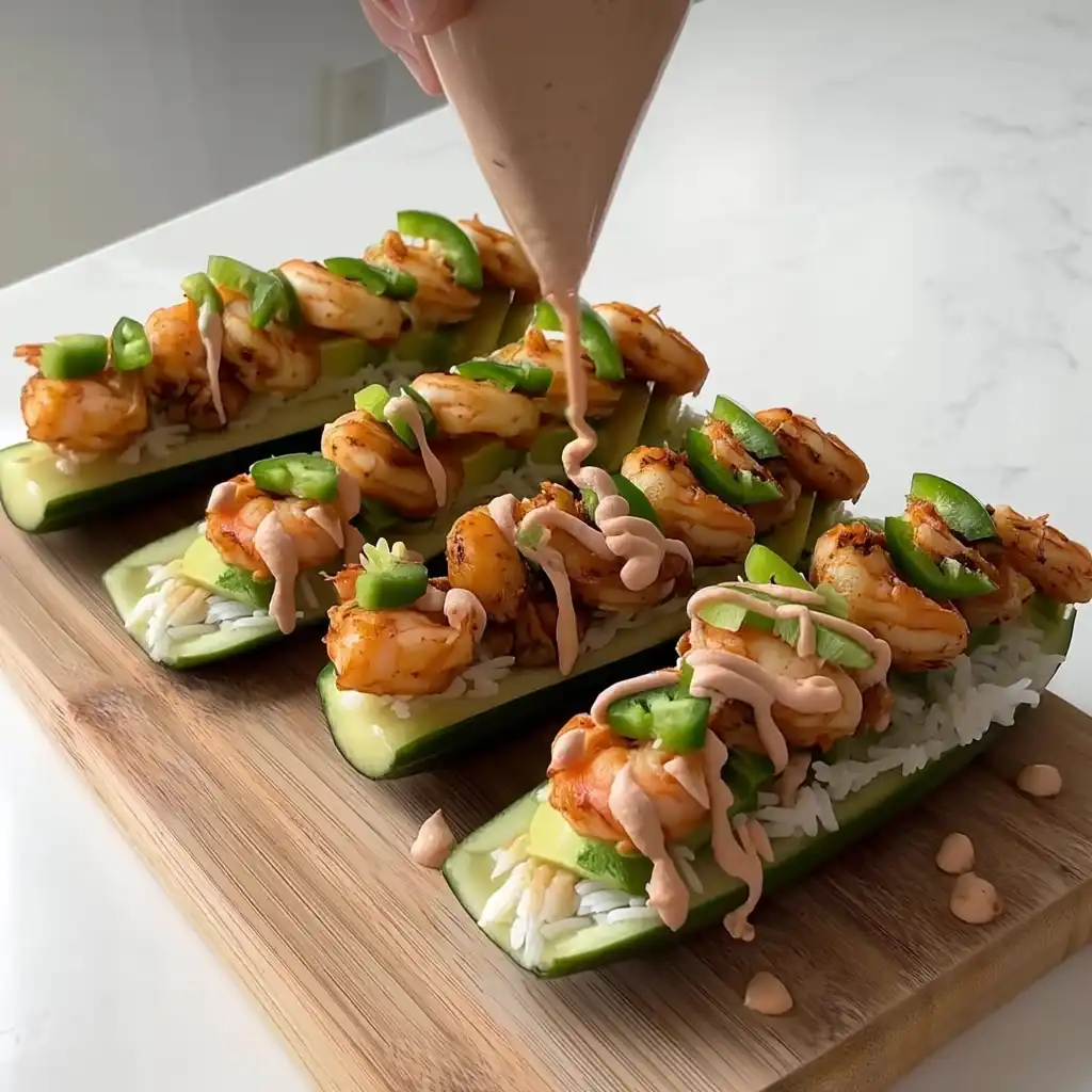 The Ultimate Healthy Snack: Zesty Shrimp Cucumber Boats Shrimp cucumber boats topped with creamy yogurt sauce and fresh jalapeños on a wooden board