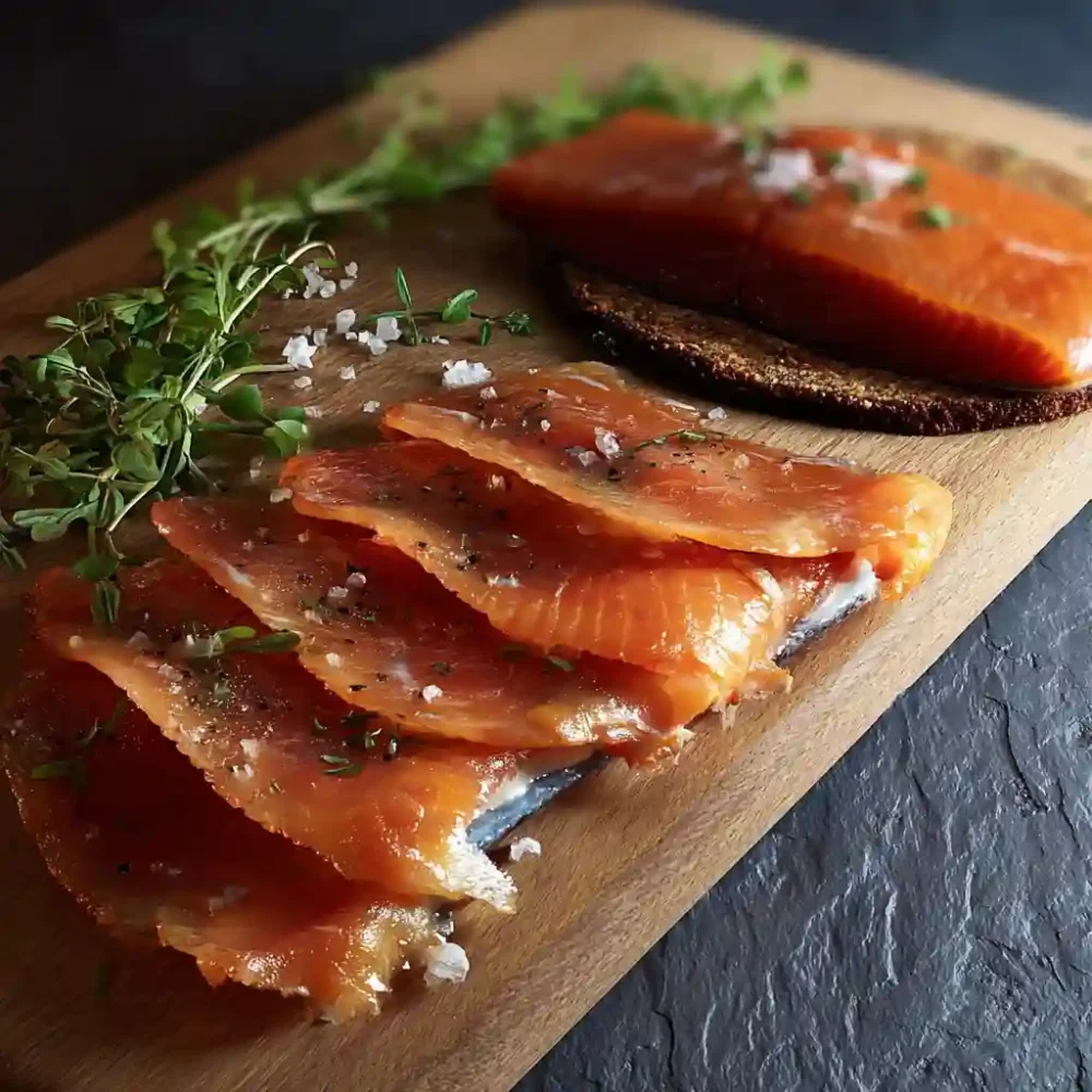Cold smoked trout sliced on wooden board ready to serve