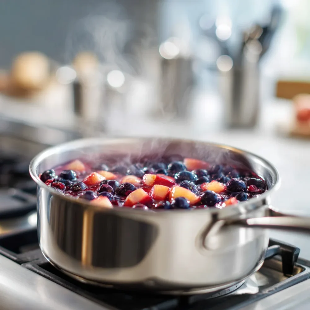 Blueberry Cobbler Coffee Recipe: A Homemade Treat Bursting With Flavor Blueberry and apple cooking in a saucepan for cobbler coffee