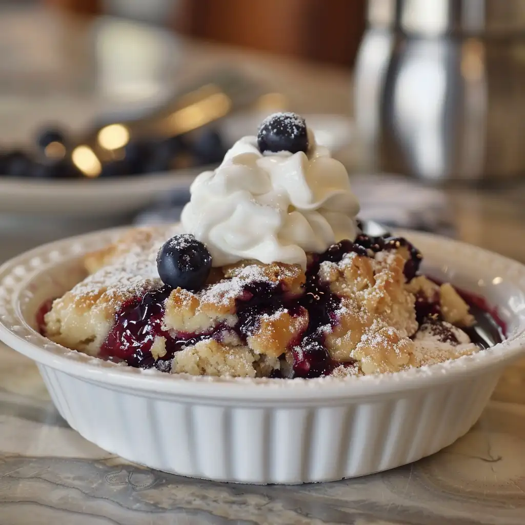 Blueberry Cobbler Coffee Recipe: A Homemade Treat Bursting With Flavor Blueberry cobbler coffee dessert served in white ceramic plate with whipped cream