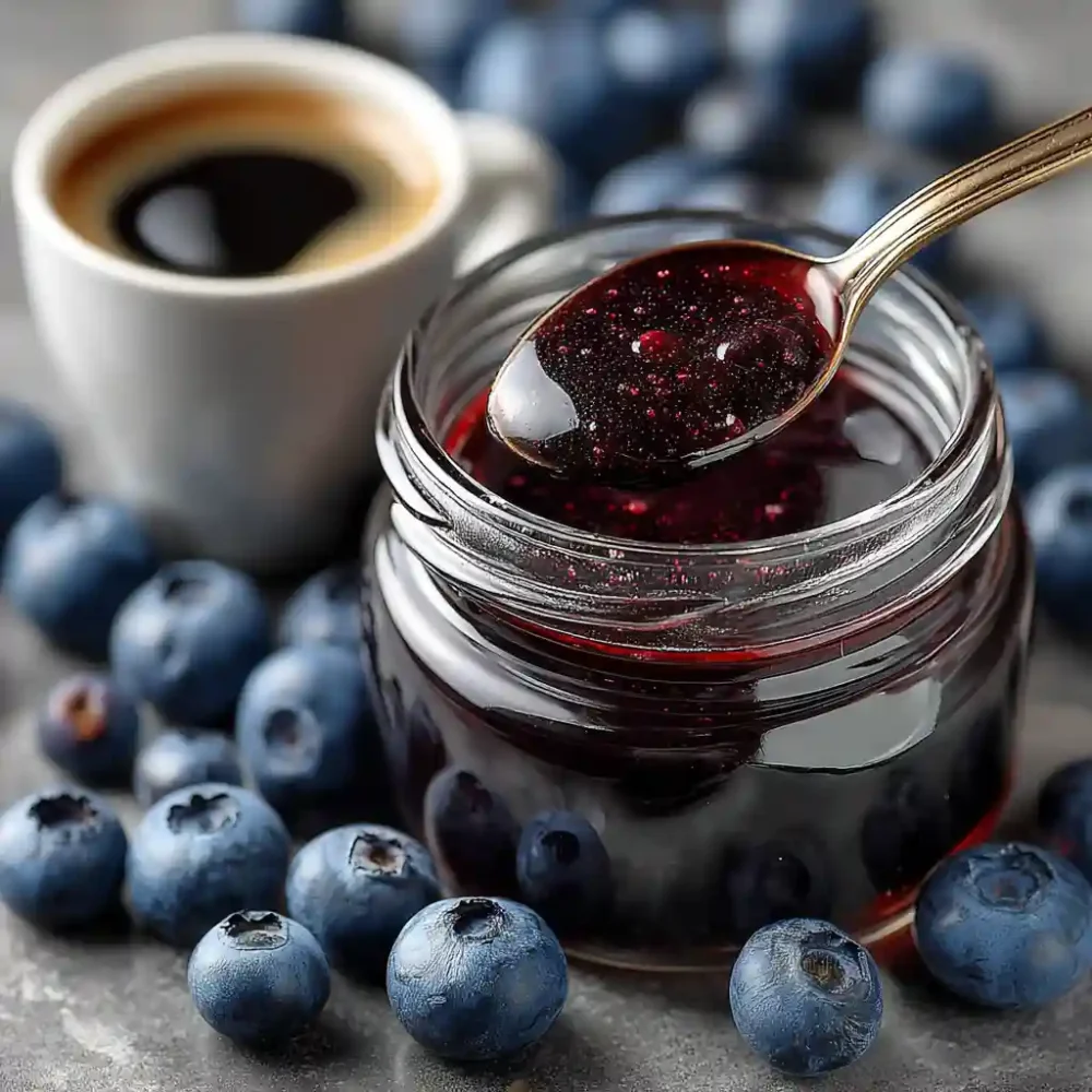 Blueberry Coffee Syrup in 15 Minutes—Simple & Natural blueberry coffee syrup next to a steaming coffee