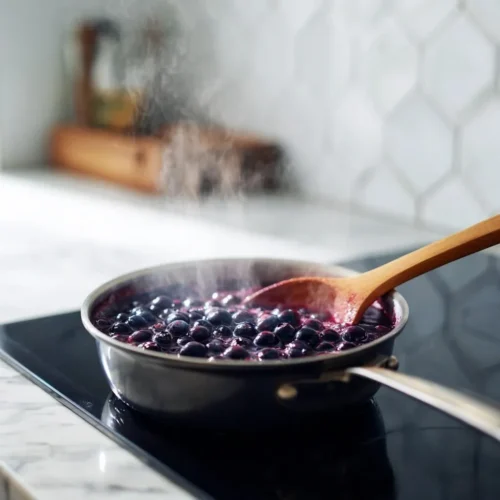 Blueberry Coffee Syrup in 15 Minutes—Simple & Natural blueberry coffee syrup simmering in saucepan