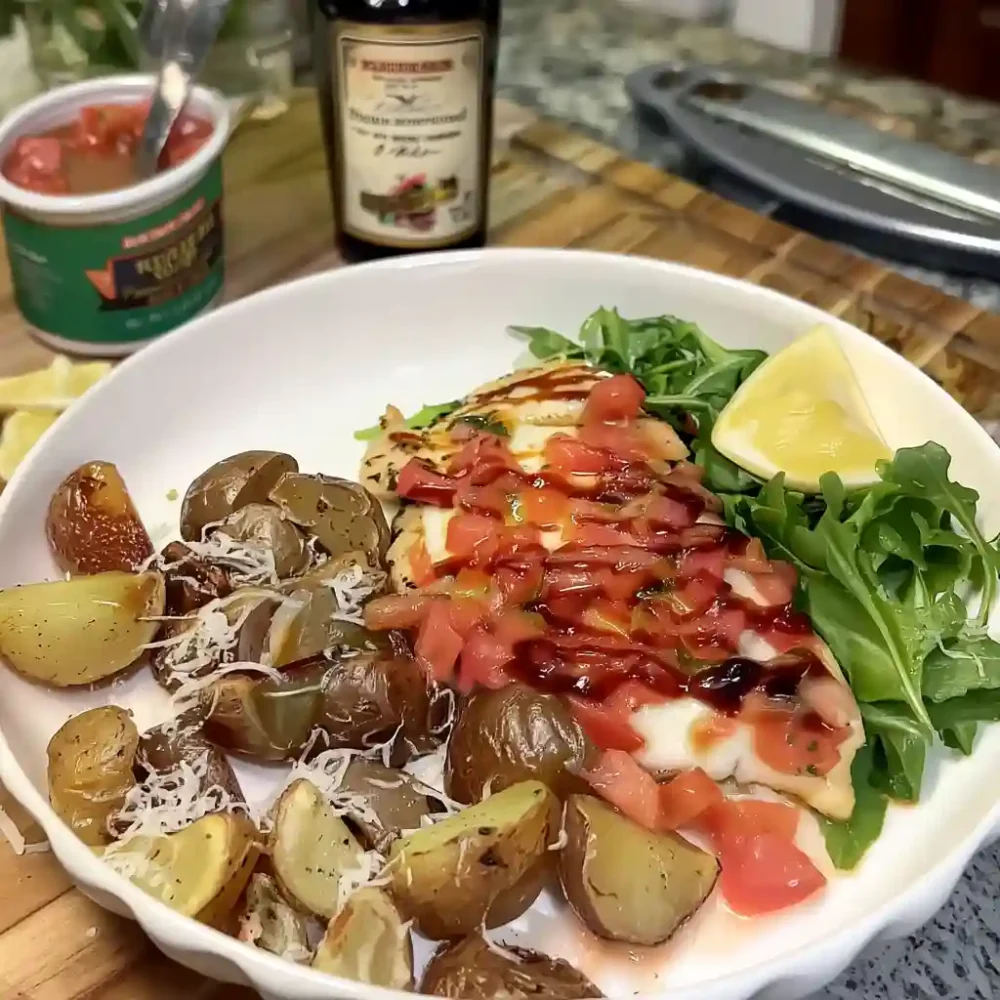 Chicken Bruschetta – Quick Summer Dinner in 15min Chicken Bruschetta plated with roasted potatoes and arugula salad