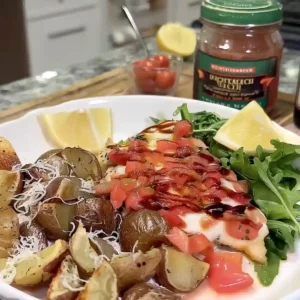Chicken Bruschetta – Quick Summer Dinner in 15min Chicken Bruschetta plated with roasted potatoes and arugula salad