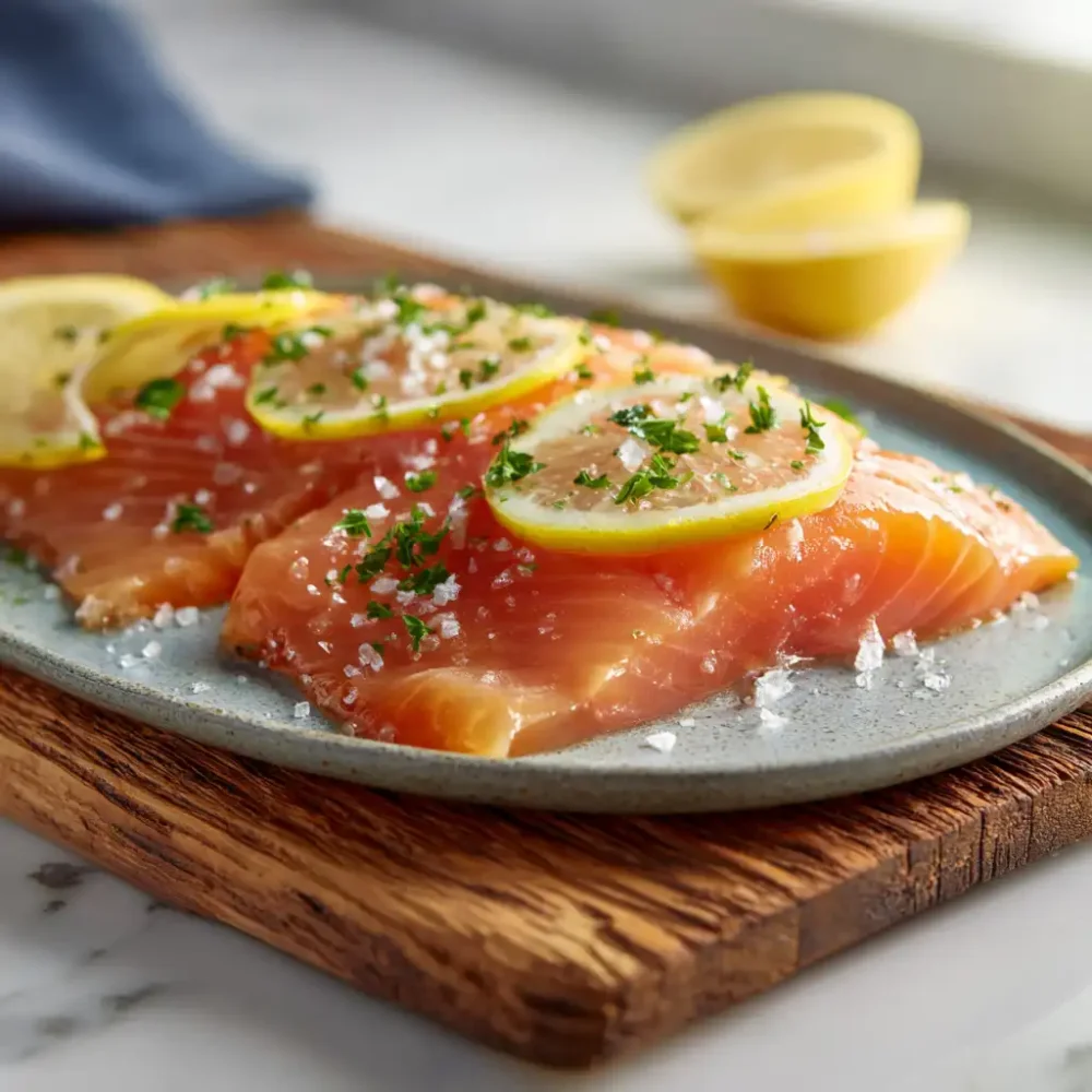 Cold smoked trout fillet on white ceramic plate with seasonings