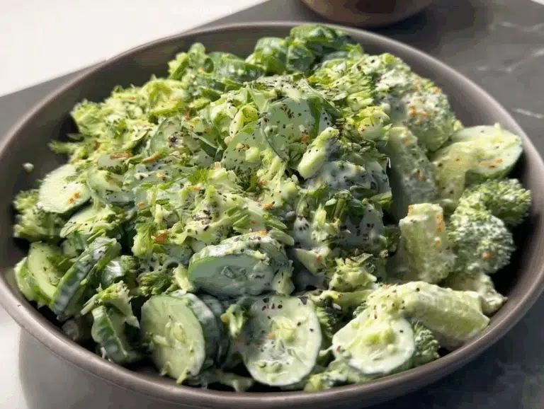 Bowl of creamy cucumber avocado broccoli salad with sliced cucumbers, chopped broccoli, and herb dressing.