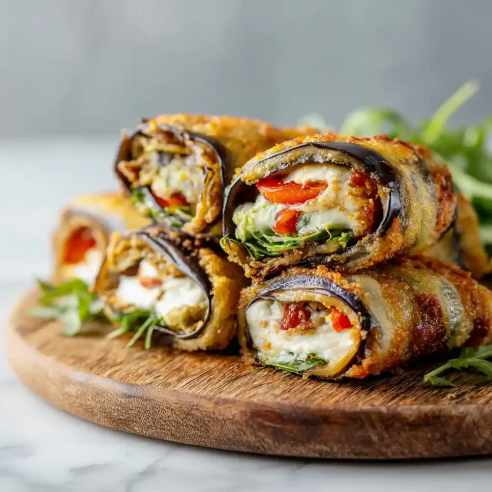Crispy cheesy eggplant wrap being rolled with filling inside