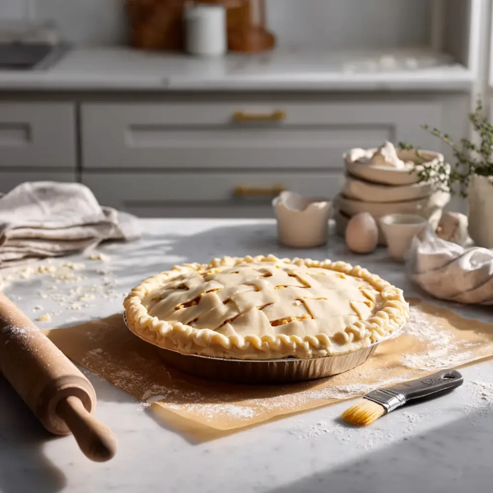 egg and sausage pie recipe before baking in a golden pastry crust