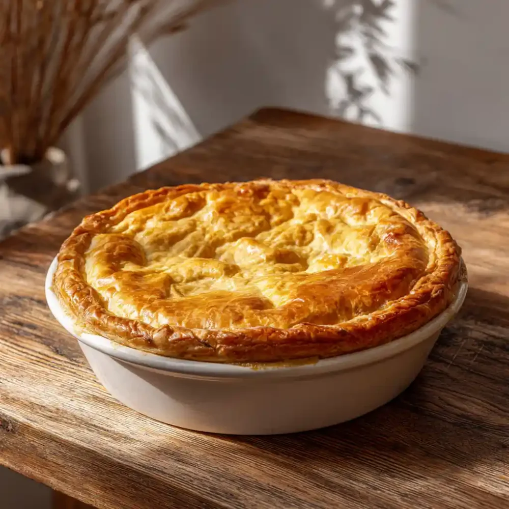 egg and sausage pie fresh from the oven in a white dish