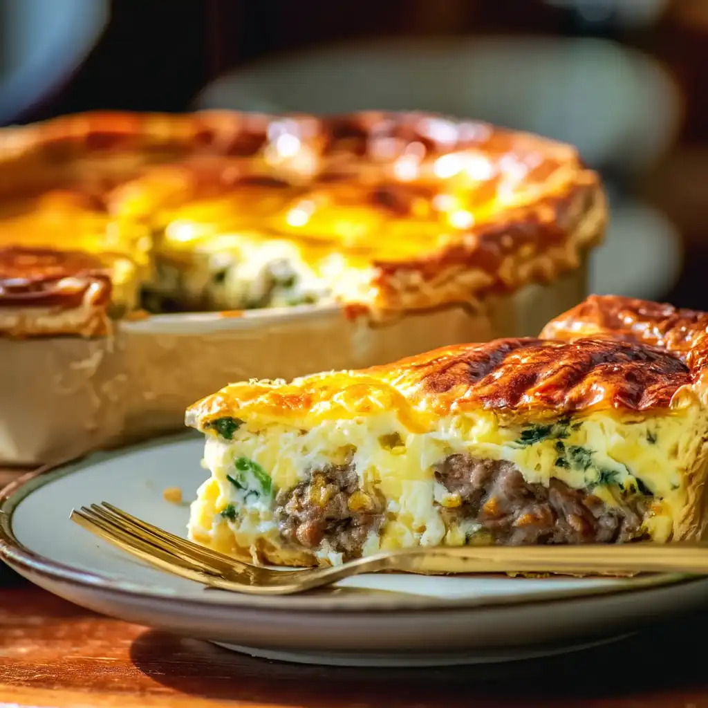 Egg and Sausage Pie Recipe: A Comforting British Classic Revisited egg and sausage pie slice with golden crust and creamy filling