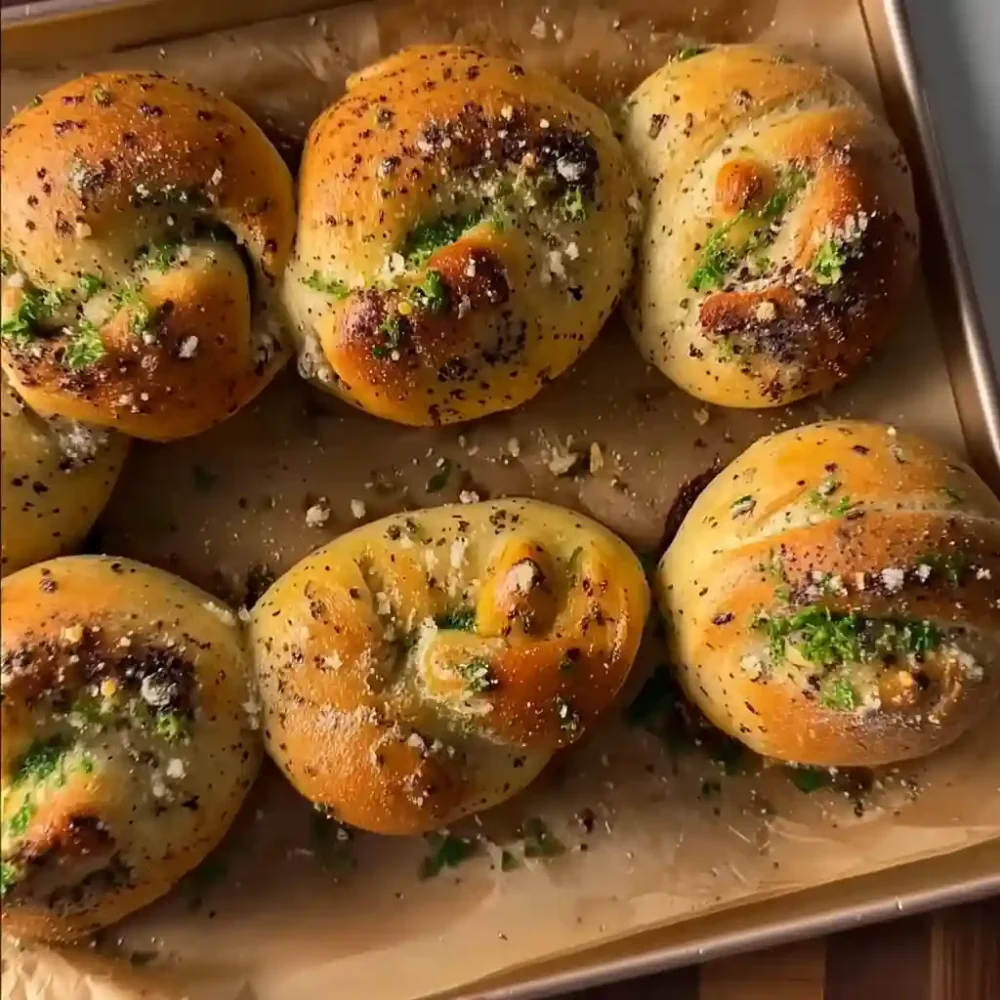 giant garlic knots fresh from the oven on a marble surface