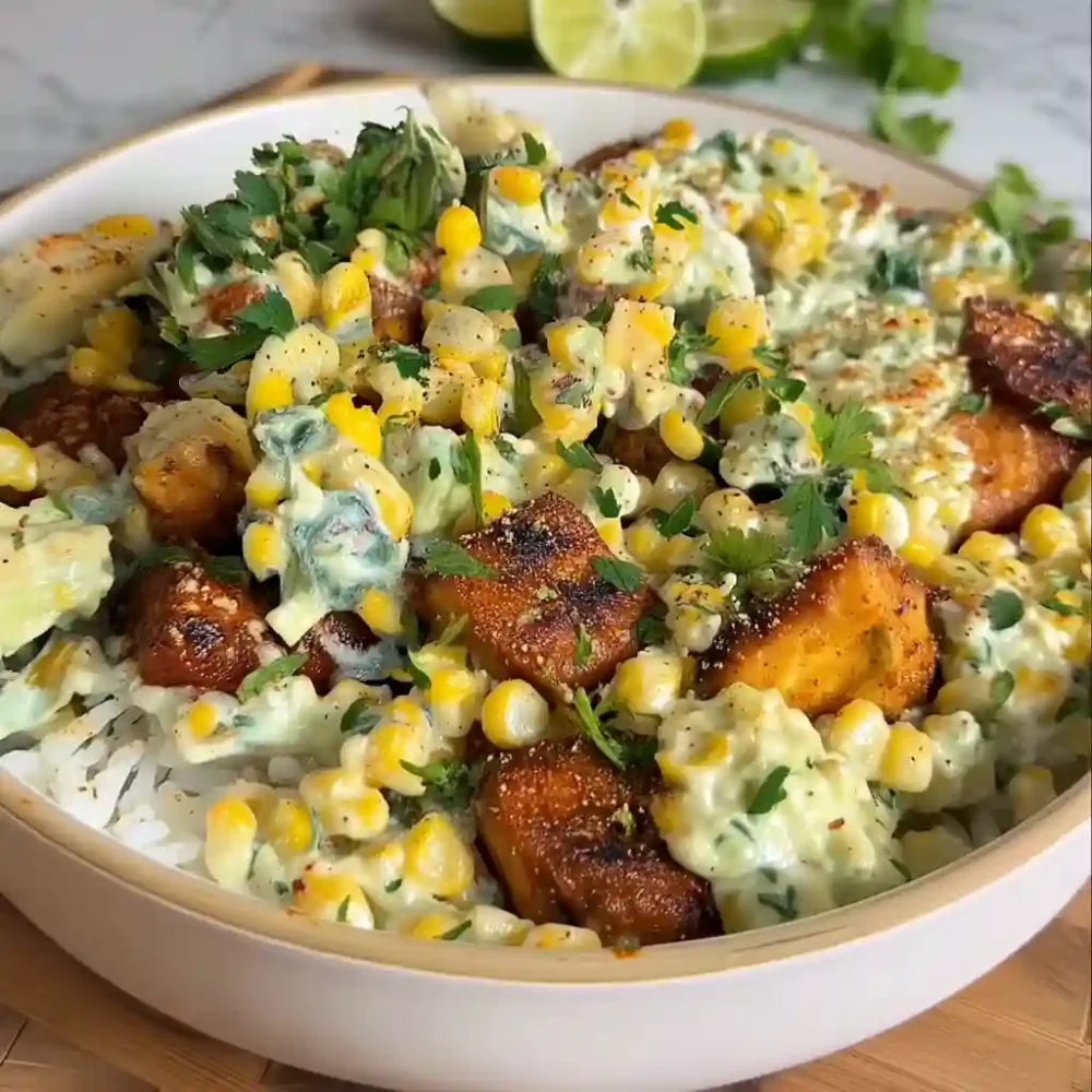 High Protein Street Corn Chicken Bowl served in a modern white bowl