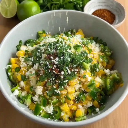 High Protein Street Corn Chicken Bowl in Just 30 Minutes High Protein Street Corn Chicken Bowl salsa being mixed in a white bowl