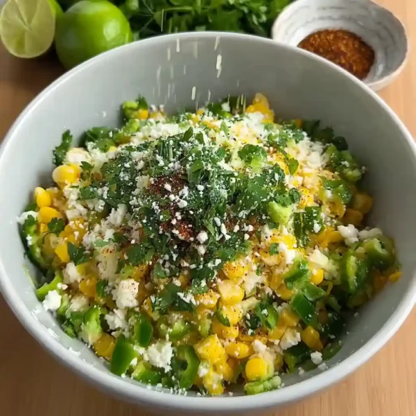 High Protein Street Corn Chicken Bowl salsa being mixed in a white bowl