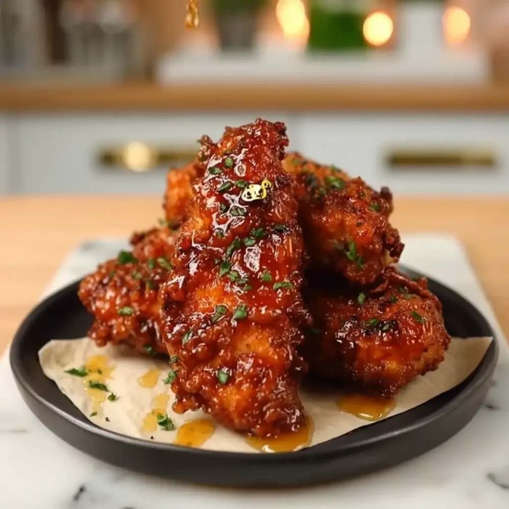Hot Honey Glazed Chicken Tenders served fresh and crispy on a plate