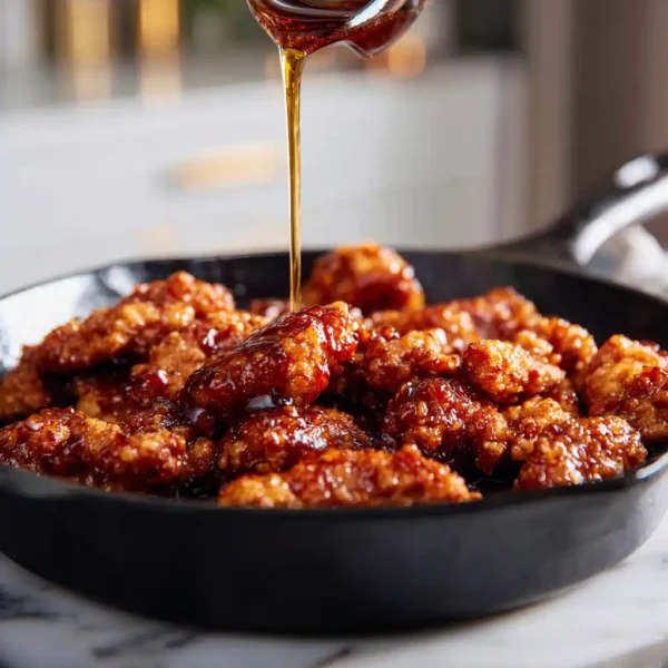 Hot Honey Glazed Chicken Tenders being tossed in thick spicy-sweet glaze