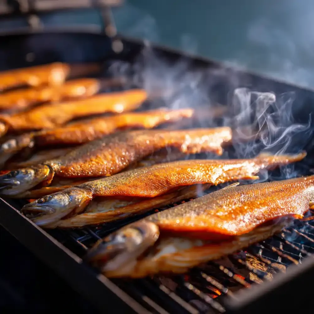 Hot smoked trout fillets resting on a pellet smoker grate