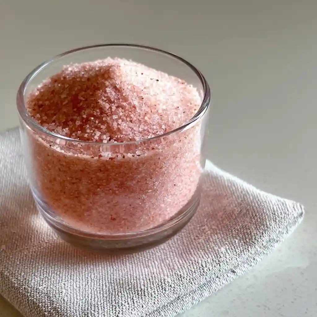 Japanese Pink Salt Recipe for Morning Detox & Weight Loss Small glass filled with Japanese pink salt crystals