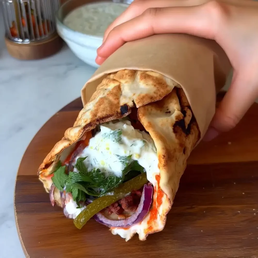 Lebanese Beef Wrap with grilled flatbread and creamy sauce