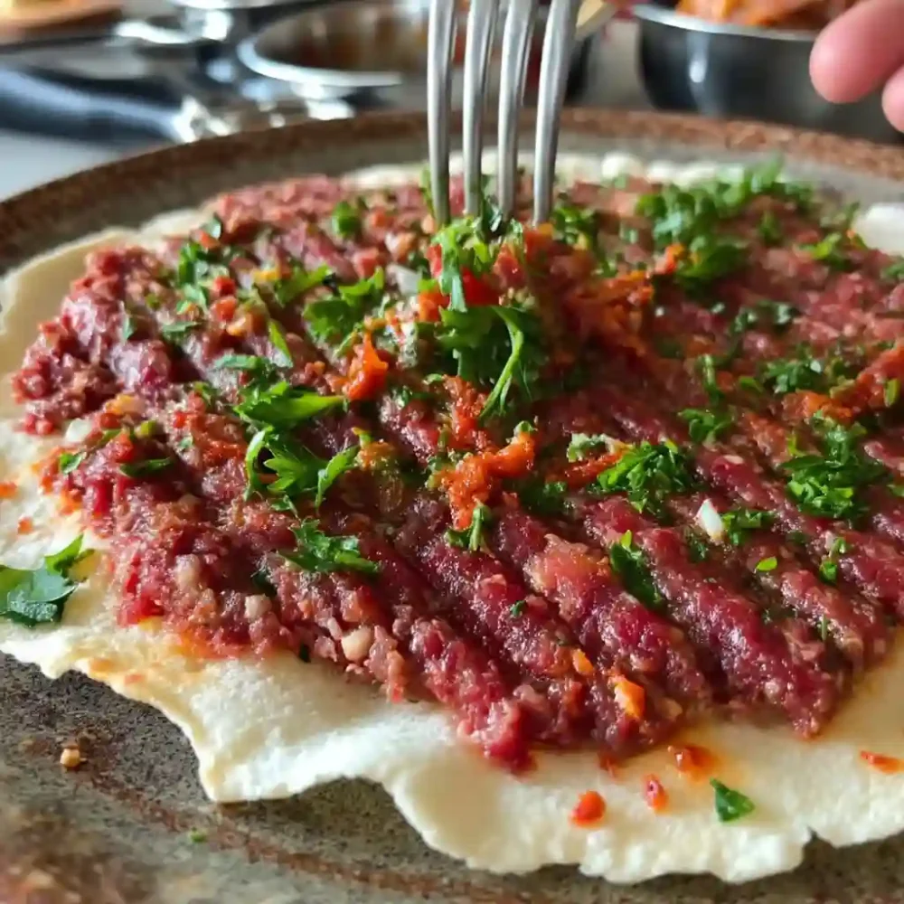 Spreading kofta meat on Lebanese flatbread before grilling