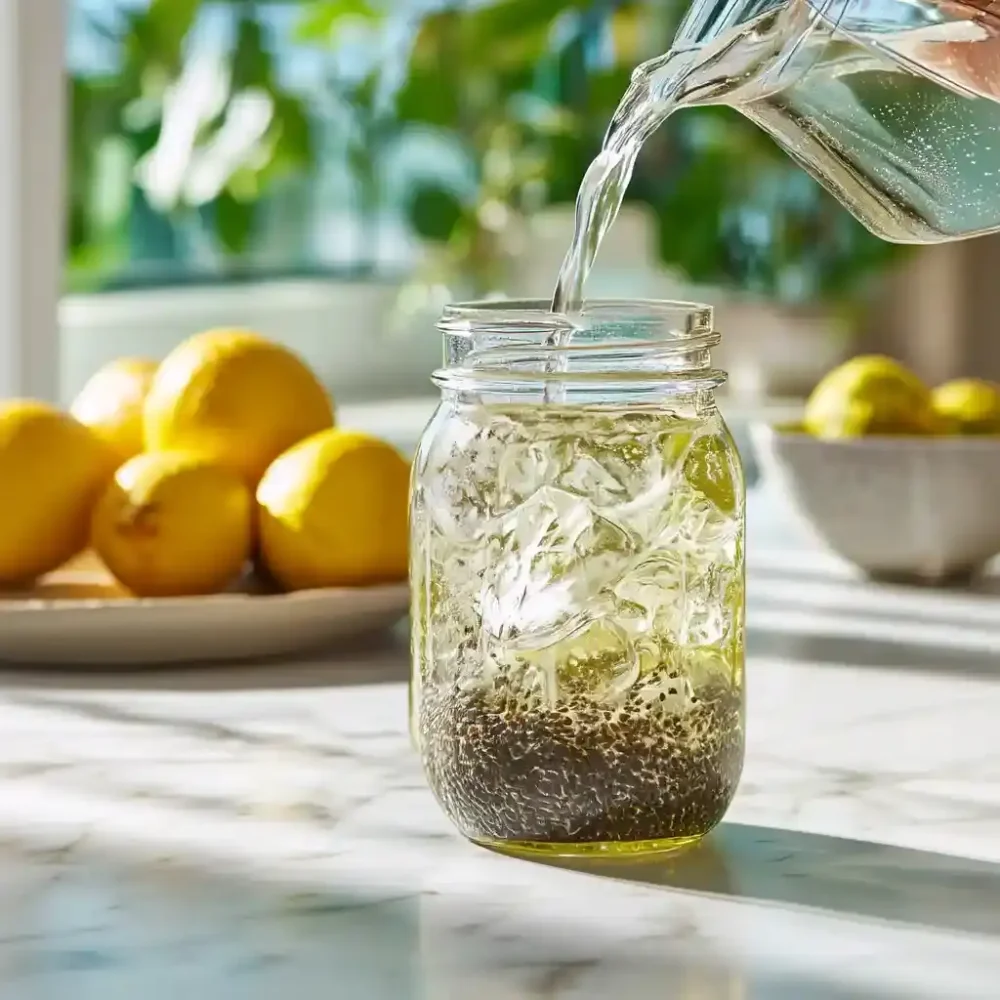 Matcha chia seed lemonade in a jar with ice and soaked chia seeds