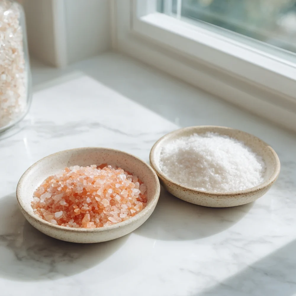 Himalayan Pink Salt Weight Loss Recipe: A Simple Daily Detox Side-by-side comparison of pink Himalayan salt and white table salt on ceramic plates